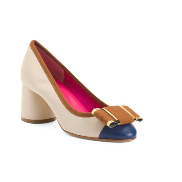 FERCA 81 Sand Made In Italy Leather Cap Toe Heels With Bow